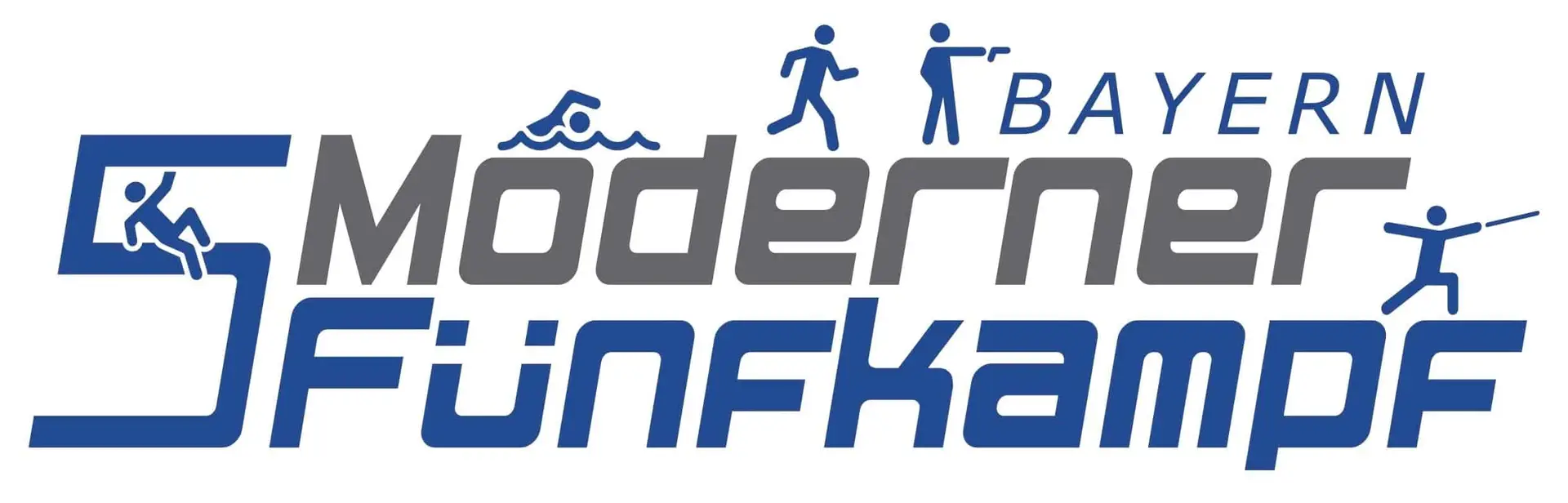 Logo des Bayerischen Verbands für Modernen Fünfkampf. Enthält die Silhouetten von Sportlern in verschiedenen Disziplinen: Schwimmen, Laufen, Schießen und Fechten. Text: "Moderner Fünfkampf Bayern".