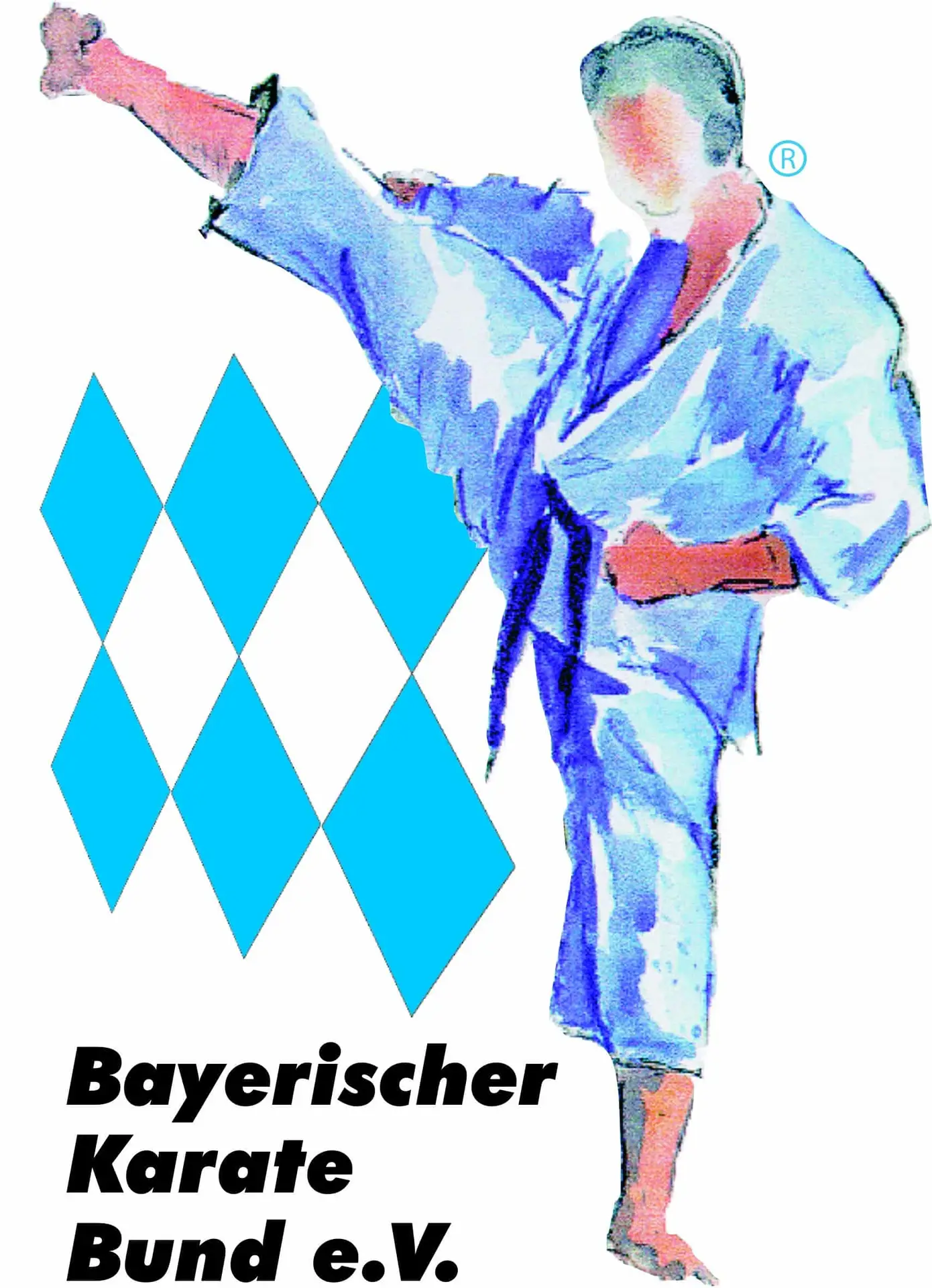 Karateka in weißem Anzug und rotem Gürtel führt einen hohen Tritt aus. Links befinden sich fünf blaue Rauten. Text unten: "Bayerischer Karate Bund e.V.".