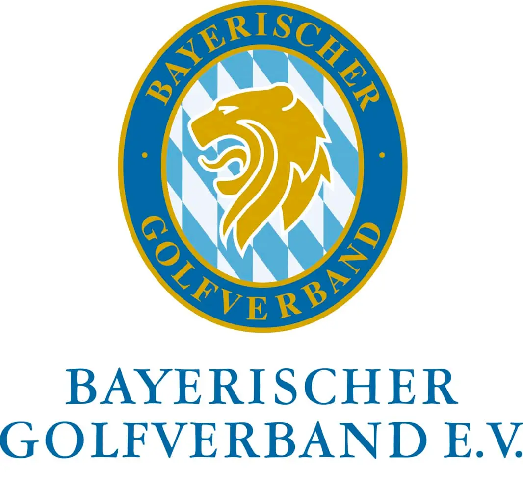 Emblem des Bayerischen Golfverbands e.V., zeigt einen stilisierten, goldenen Löwenkopf vor weiß-blau kariertem Hintergrund. Der Schriftzug "Bayerischer Golfverband" umkreist das Emblem. Darunter steht der vollständige Name.