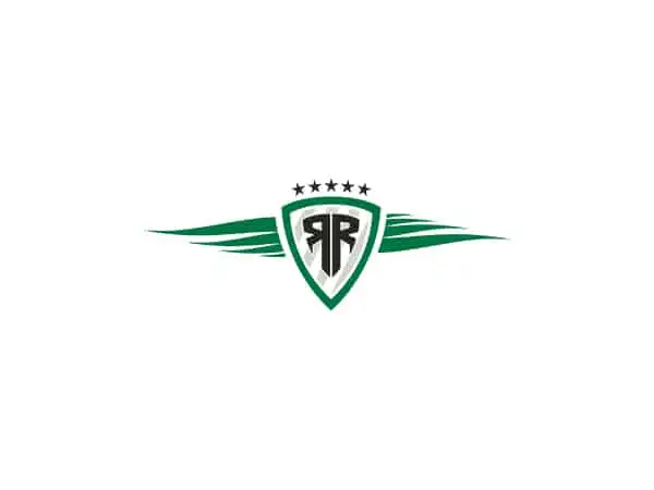 Ein grünes Emblem mit zwei stilisierten Flügeln und einem zentralen, gespiegelt dargestellten "R". Über dem Emblem befinden sich fünf schwarze Sterne.