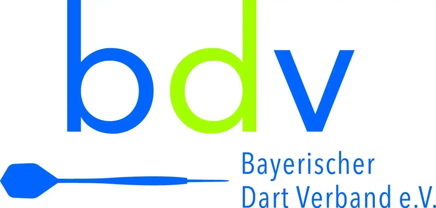 Logo des Bayerischen Dart Verbands, bestehend aus den Buchstaben "bdv" in blau und grün. Darunter der Text "Bayerischer Dart Verband e.V." in Blau mit einem stilisierten Dartpfeil links.
