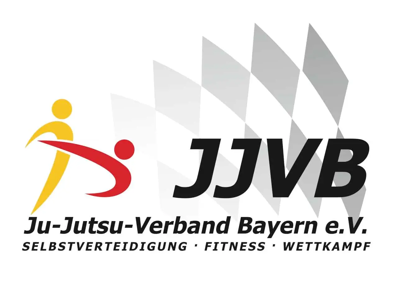 Logo des Ju-Jutsu-Verband Bayern e.V. mit stilisierten Figuren in Rot und Gelb, begleitet von grauen Rauten im Hintergrund. Der Text umfasst "JJVB" in großen Buchstaben sowie "Selbstverteidigung", "Fitness" und "Wettkampf" darunter.