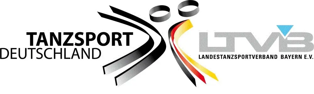 Logo des Tanzsports in Deutschland und des Landestanzsportverbands Bayern e.V., bestehend aus stilisierten, dynamisch geschwungenen Bändern in Schwarz, Rot und Gelb sowie Texten in Schwarz und Grau.