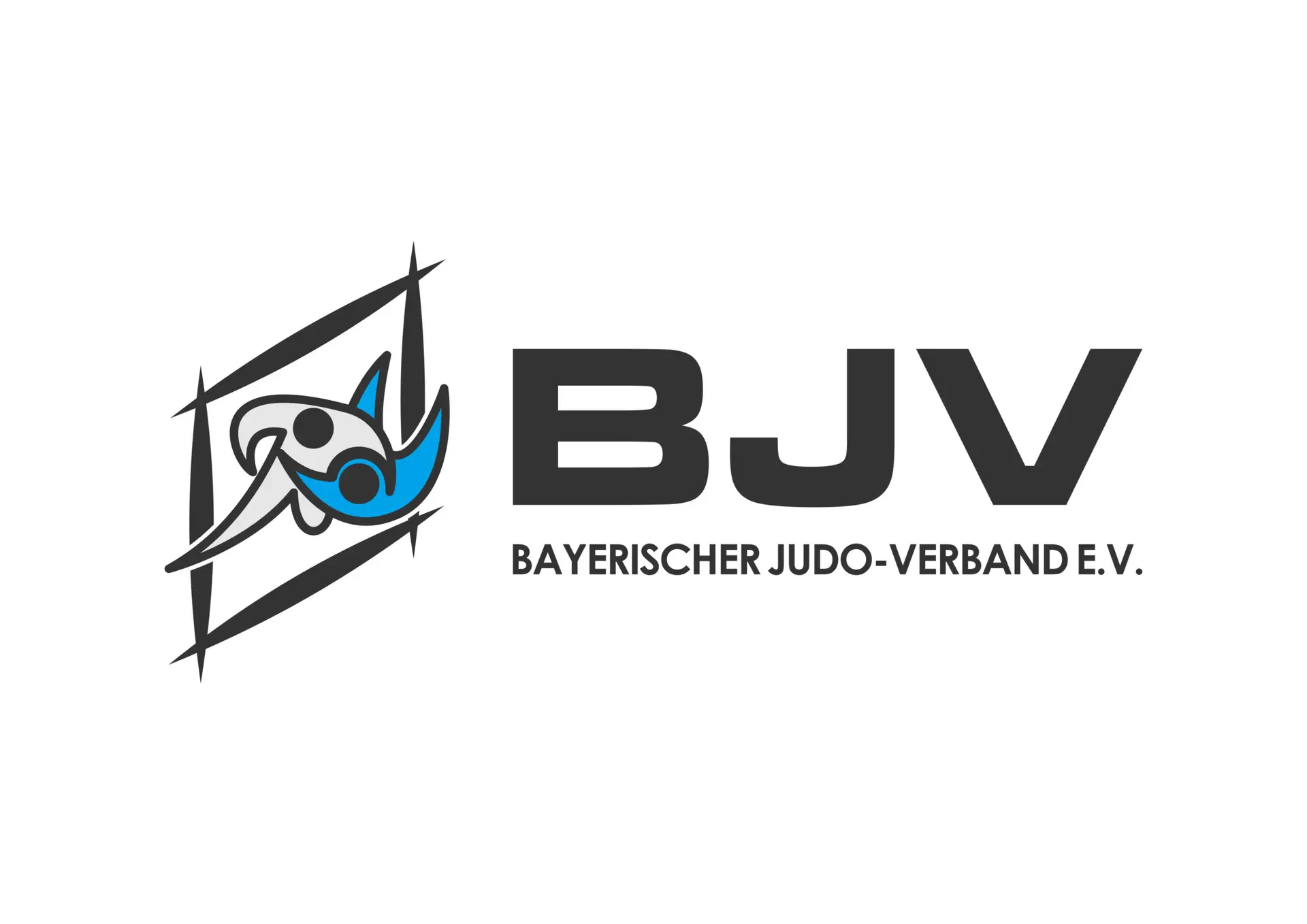 Logo des Bayerischen Judo-Verbandes e.V., zeigt stilisierte Judo-Kämpfer in einem gestalterischen Rahmen neben den großen Buchstaben "BJV".