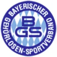 Blaues rundes Logo des Bayerischen Gehörlosen-Sportverbands mit Buchstaben "BGS" in der Mitte vor einem Hintergrund aus blauen und weißen Rauten.