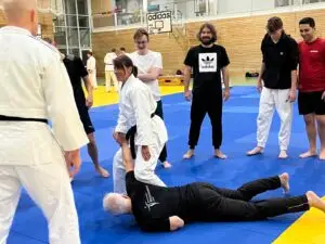 Menschen in einem Dojo stehen auf Matten. Eine Person in einem weißen Gi demonstriert eine Technik an einer am Boden liegenden Person. Zuschauer stehen im Halbkreis um die Szene.