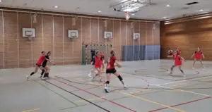 Frauen-Handballspiel in einer Sporthalle, sechs Spielerinnen in rot-schwarzen Trikots mit Ball in Richtung Tor. Gegnerische Mannschaft in blau versucht zu verteidigen. Spielerinnen sind in Bewegung, Sporthalle mit Holzwand und mehreren Basketballkörben im Hintergrund.