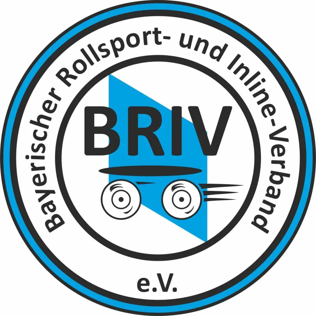 Logo des Bayerischen Rollsport- und Inline-Verbandes e.V. mit stilisiertem Skateboard und blauem Hintergrund.
