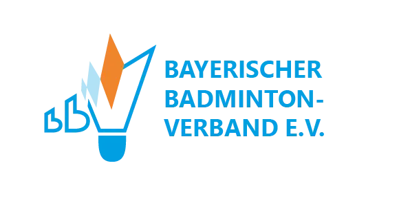 Logo des Bayerischen Badminton-Verbandes e.V., zeigt einen stilisierten blauen Federball mit einem orangefarbenen Punkt. Links daneben die Buchstaben "bbb". Rechts der Text "Bayerischer Badminton-Verband e.V." in blauer Schrift.