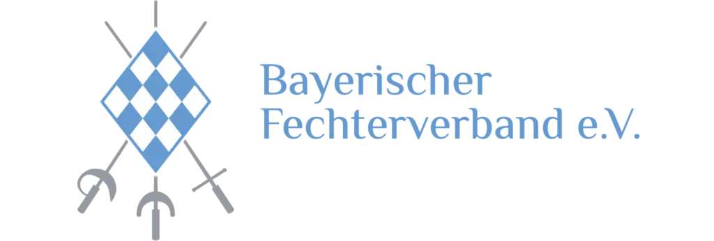 Logo des Bayerischen Fechterverbands mit einem blauen und weißen Rautenmuster und gekreuzten Fechtwaffen.