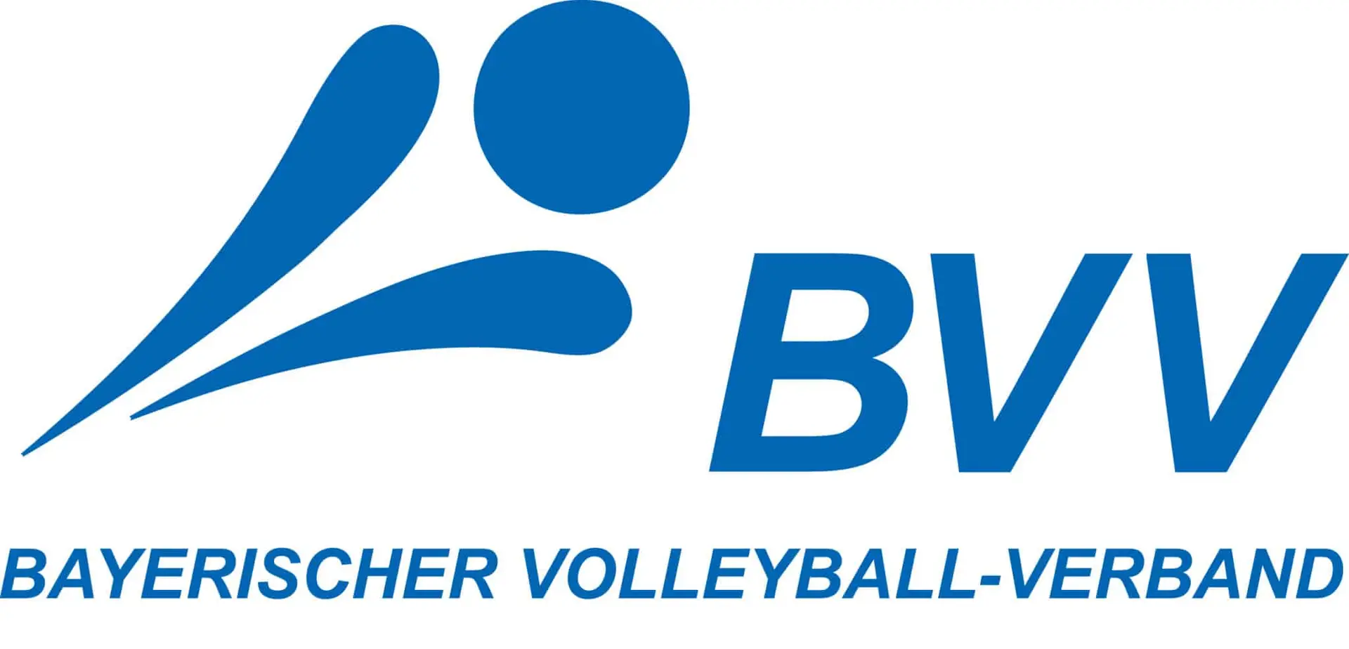 Logo des Bayerischen Volleyball-Verbands mit stilisierten blauen Linien und Kreis, die eine Person im Sprung symbolisieren, daneben die Buchstaben "BVV" und darunter der Schriftzug "Bayerischer Volleyball-Verband".