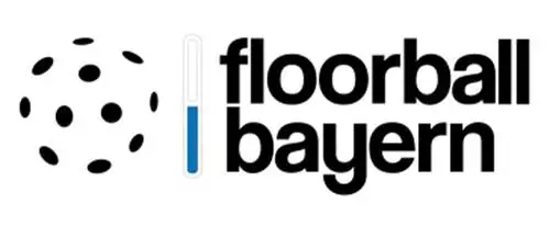 Das Logo zeigt links einen stilisierten Floorball mit schwarzen Punkten und daneben die Worte „floorball bayern“. Neben dem Text ist eine vertikale Linie mit einem blauen Bereich.
