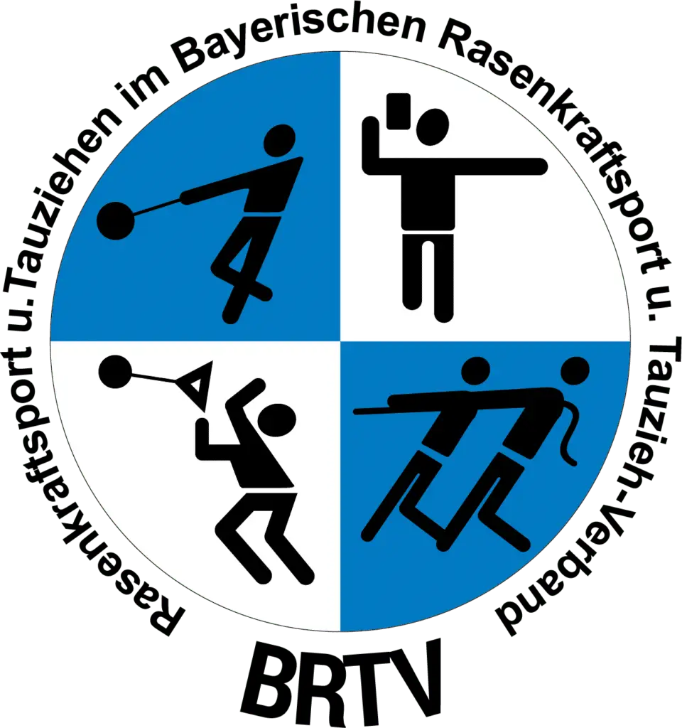 Emblem des Bayerischen Rasenkraftsports und Tauzieh-Verbandes (BRTV) mit vier Piktogrammen, die verschiedene sportliche Aktivitäten darstellen. Die Piktogramme symbolisieren Hammerwurf, Steinstoßen, Gewichtheben und Tauziehen. Umrandet von Schriftzug des Verbandes.