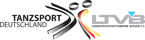 Logos von "Tanzsport Deutschland" und dem "Landestanzsportverband Bayern e.V." mit abstrakten Figuren und Linien in den Farben Schwarz, Rot, Gold, Weiß und Blau.