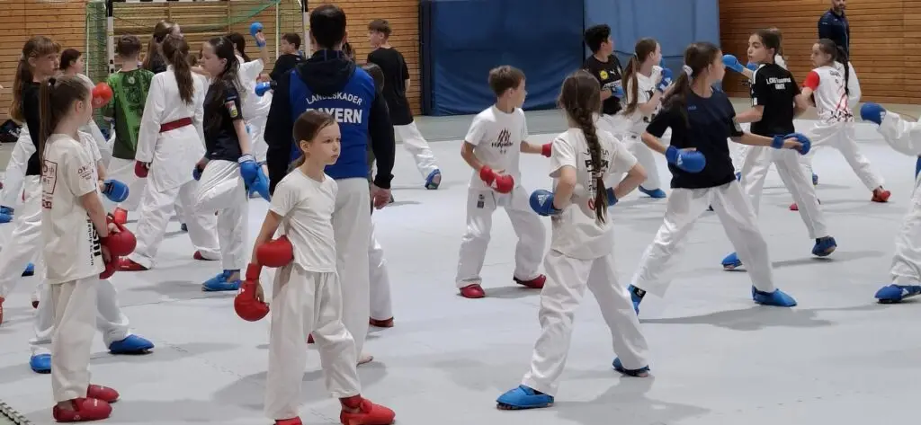 Kinder in Karateanzügen trainieren in einer Sporthalle. Sie tragen Schutzhandschuhe und sind in verschiedenen Positionen kampfbereit. Im Hintergrund ist eine Holzverkleidung an der Wand zu sehen.