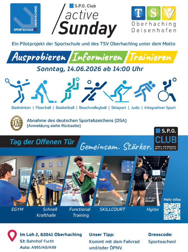 Diese Grafik zeigt die Angebote f&uuml;r den Active Sunday am 14.06.2026 gemeinsam mit dem TSV Oberhaching.