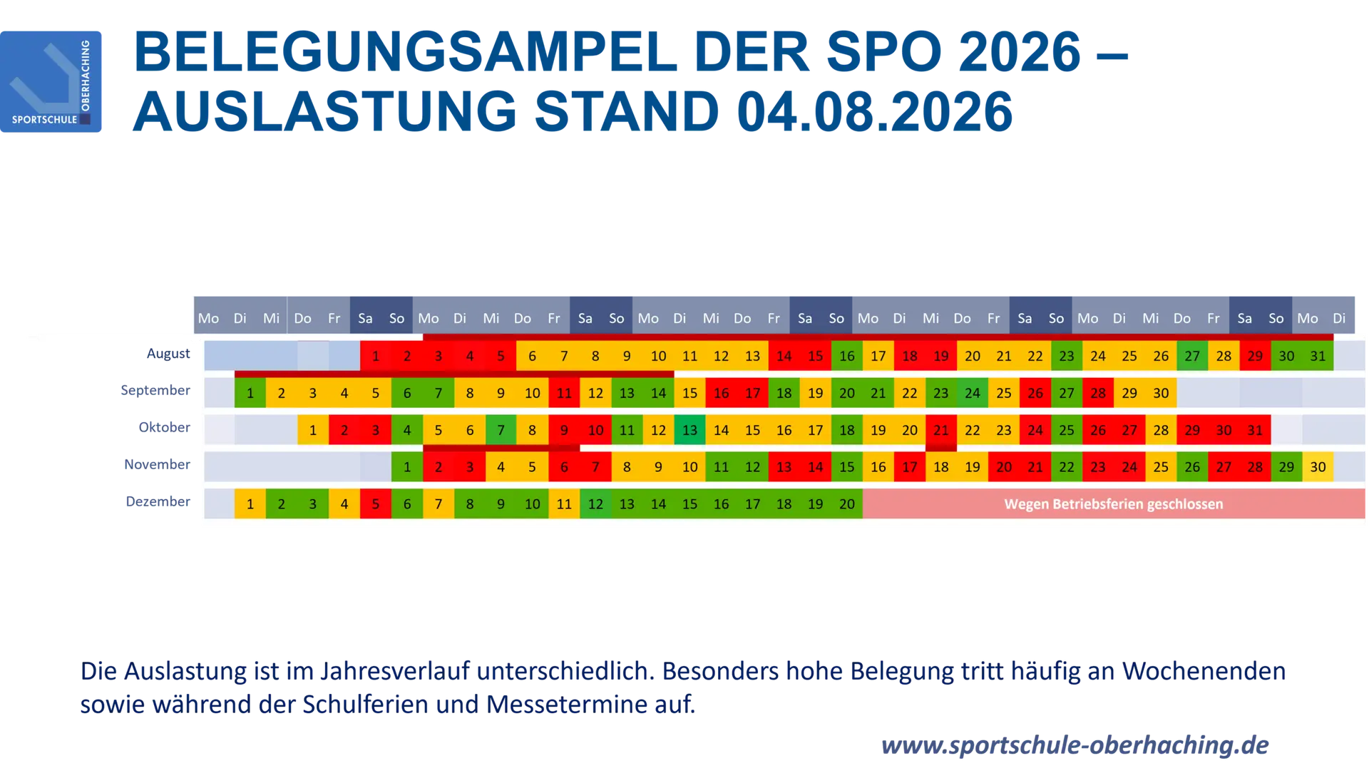 Bild zeigt die Belegung der Sportschule mit einer farbig markierten Tabelle.