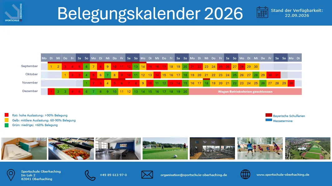 Belegungskalender 2026 der Sportschule Oberhaching mit farblicher &Uuml;bersicht zur Auslastung und Verf&uuml;gbarkeit von September bis Dezember