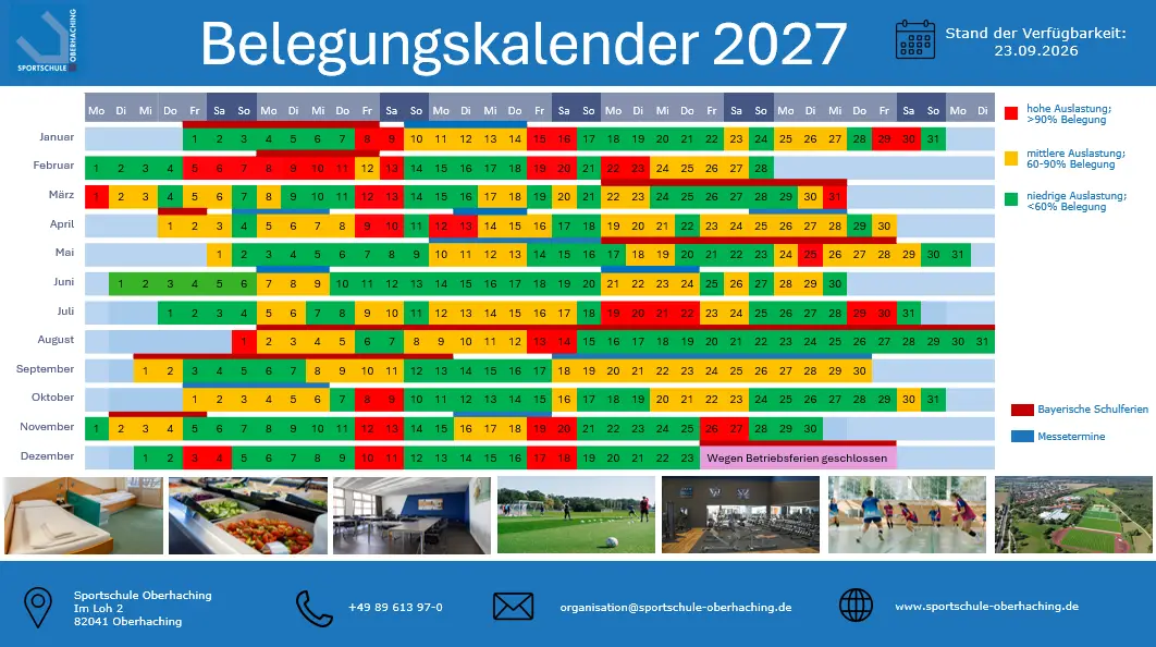 Belegungskalender 2026 der Sportschule Oberhaching mit farblicher &Uuml;bersicht zur Auslastung und Verf&uuml;gbarkeit von Januar bis Dezember 2027
