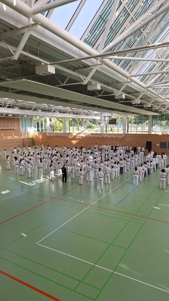 Rund 260 Taekwondo-Sportlerinnen und -Sportler trainieren gemeinsam bei einem Breitensportlehrgang in einer gro&szlig;en Sporthalle an der SPO.