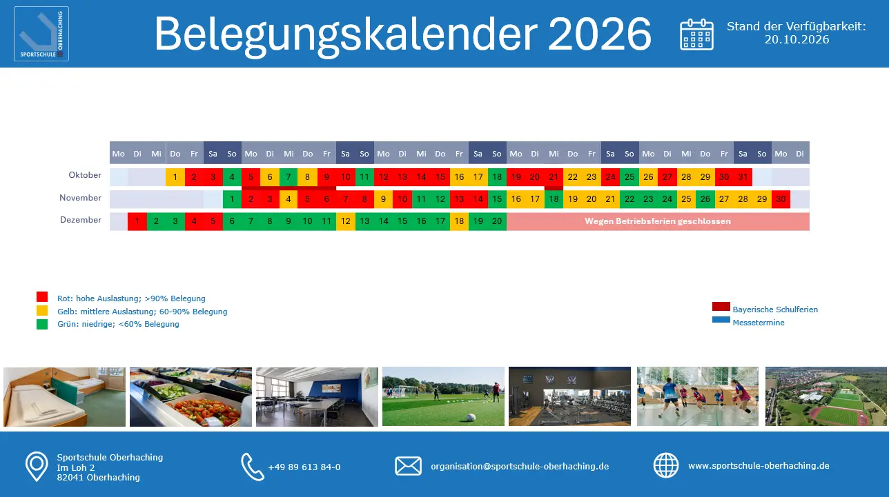 Belegungskalender 2026 der Sportschule Oberhaching mit farblicher &Uuml;bersicht zur Auslastung und Verf&uuml;gbarkeit von Oktober bis Dezember