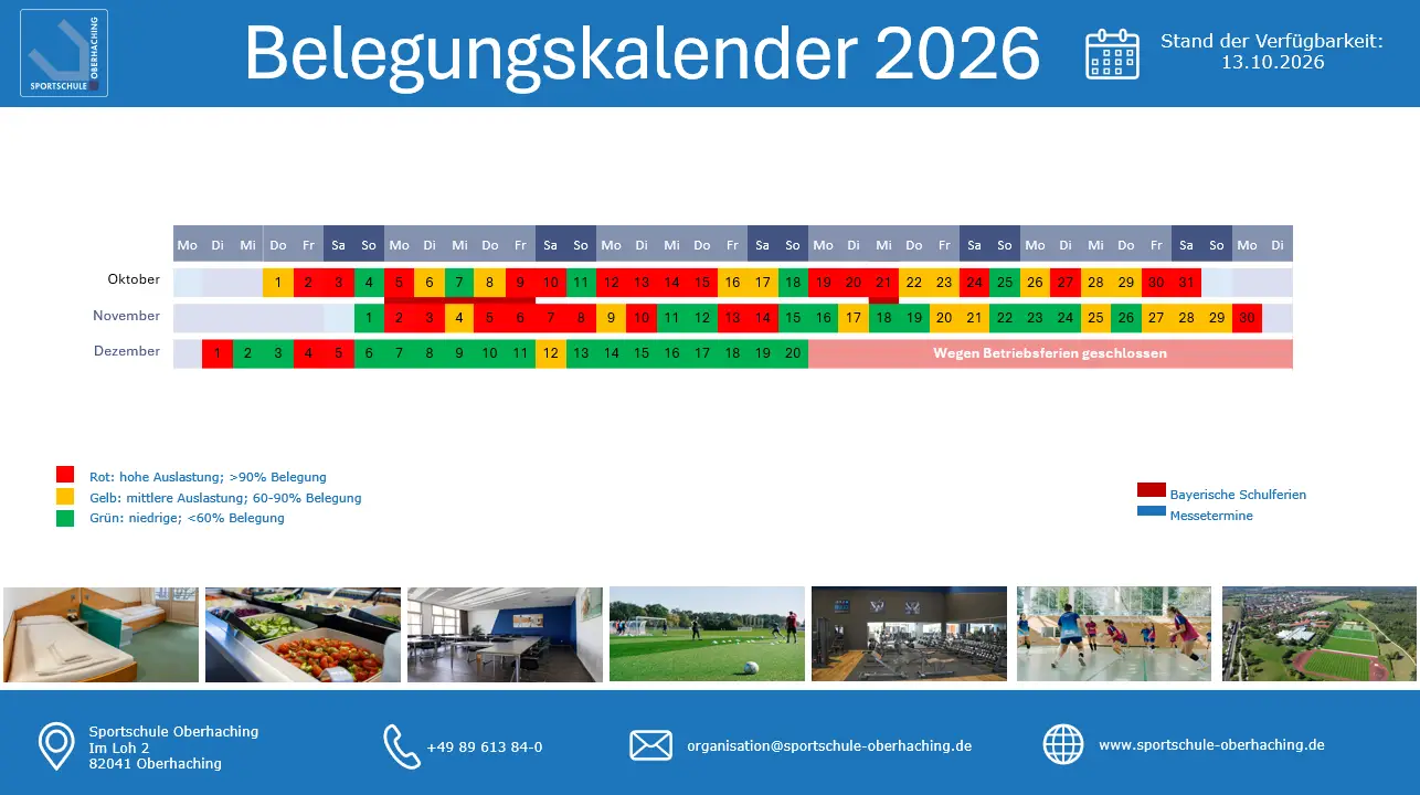 Belegungskalender 2026 der Sportschule Oberhaching mit farblicher &Uuml;bersicht zur Auslastung und Verf&uuml;gbarkeit von Oktober bis Dezember