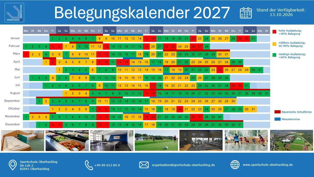 Belegungskalender 2027 der Sportschule Oberhaching mit farblicher &Uuml;bersicht zur Auslastung und Verf&uuml;gbarkeit von Januar bis Dezember 2027