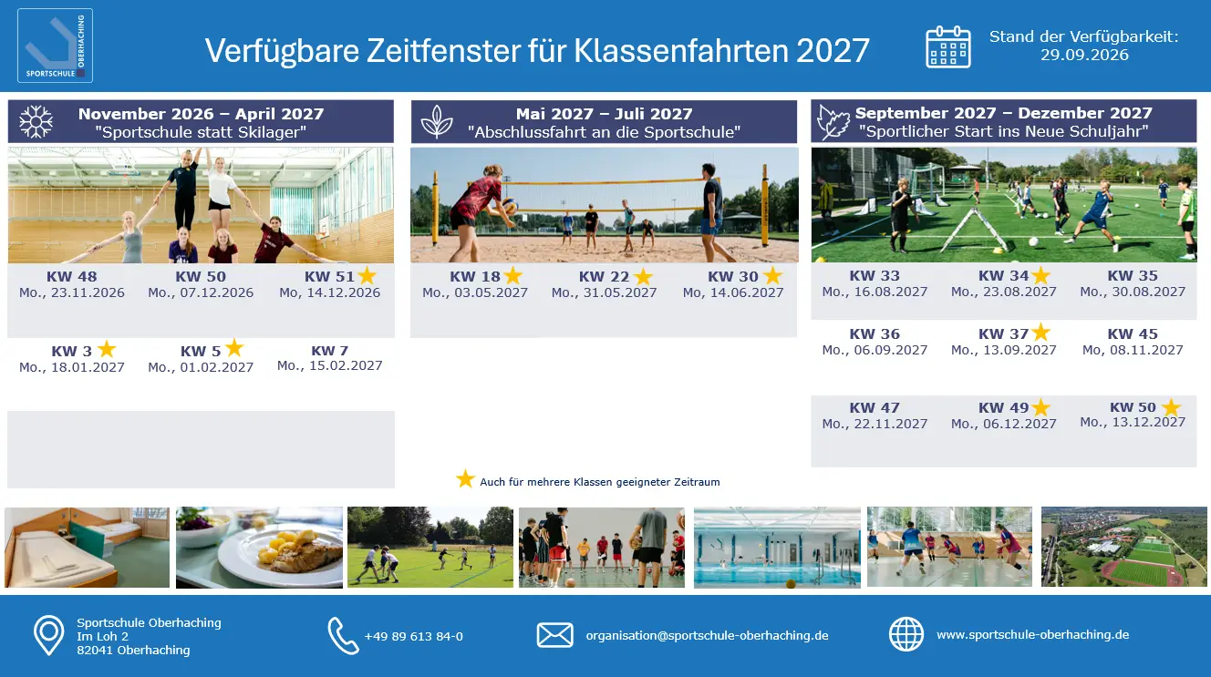 die grafik zeigt die belegung der Sportchule in einer Kalender&uuml;bersicht mit f&uuml;r Schulen und Klassenfahrten geeigneten Zeitr&auml;umen