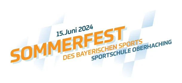 Text mit Datum und Veranstaltung: "15. Juni 2024, Sommerfest des Bayerischen Sports, Sportschule Oberhaching", umgeben von diagonalen, blauen, schachbrettartigen Mustern.